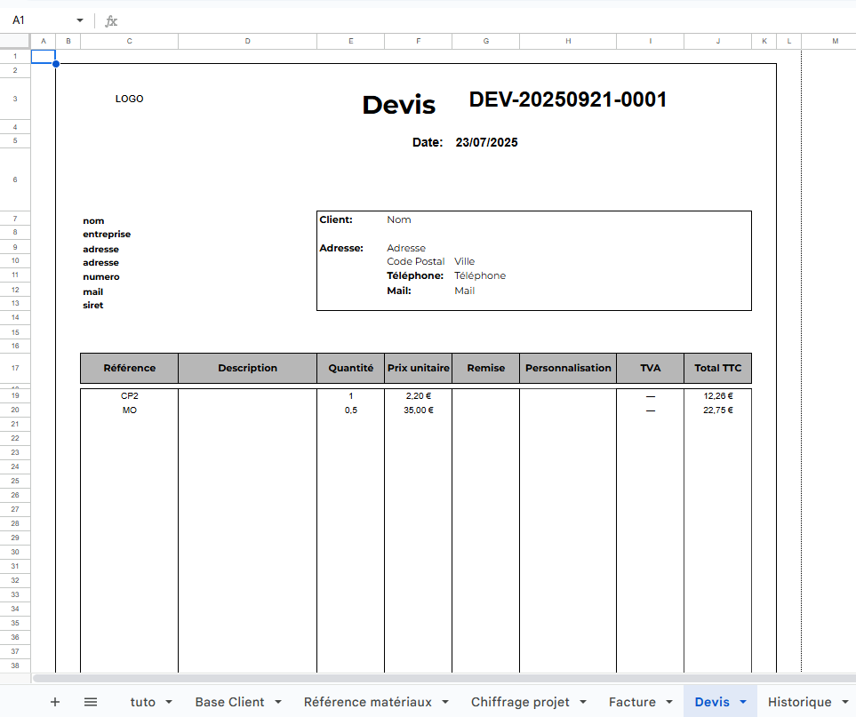 Pack Gestion Alpha Omega Laser – Fichier Excel & Google Sheets