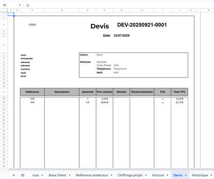 Pack Gestion Alpha Omega Laser – Fichier Excel & Google Sheets