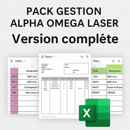 Pack Gestion Alpha Omega Laser – Fichier Excel & Google Sheets